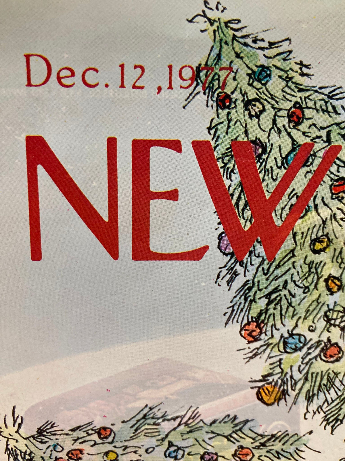 Close-up of the cover of The New Yorker December 12 1977, showcasing the title and date with the whimsical "Own Trees" illustration by Edward Koren, reflecting late 1970s artistic style.