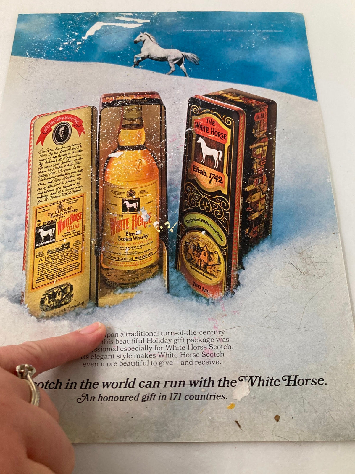 Image of a vintage holiday advertisement featuring White Horse Scotch whiskey, showcasing decorative packaging and a white horse illustration, titled 'COVER ONLY The New Yorker December 12 1977 Own Trees by Edward Koren No Label'.