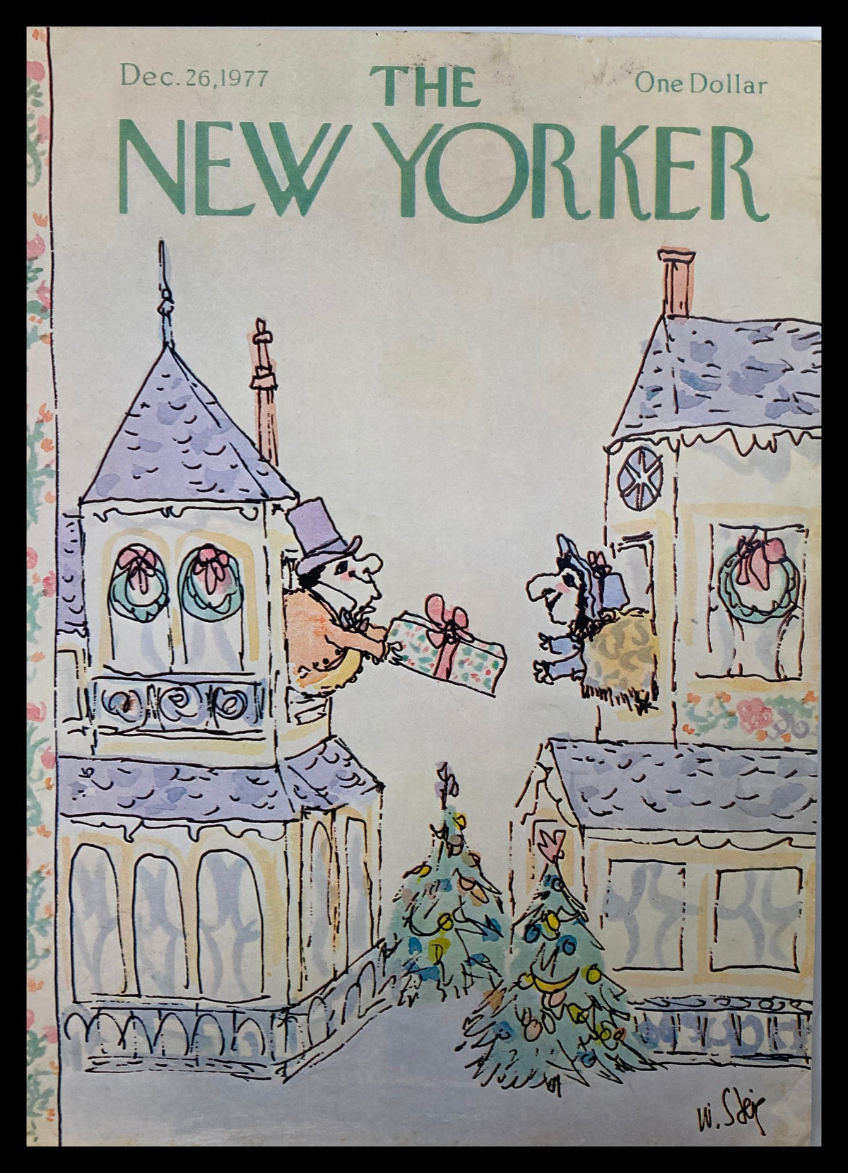 COVER ONLY The New Yorker December 26 1977 cover art by William Steig featuring whimsical illustration of characters exchanging gifts atop buildings adorned with holiday decorations.