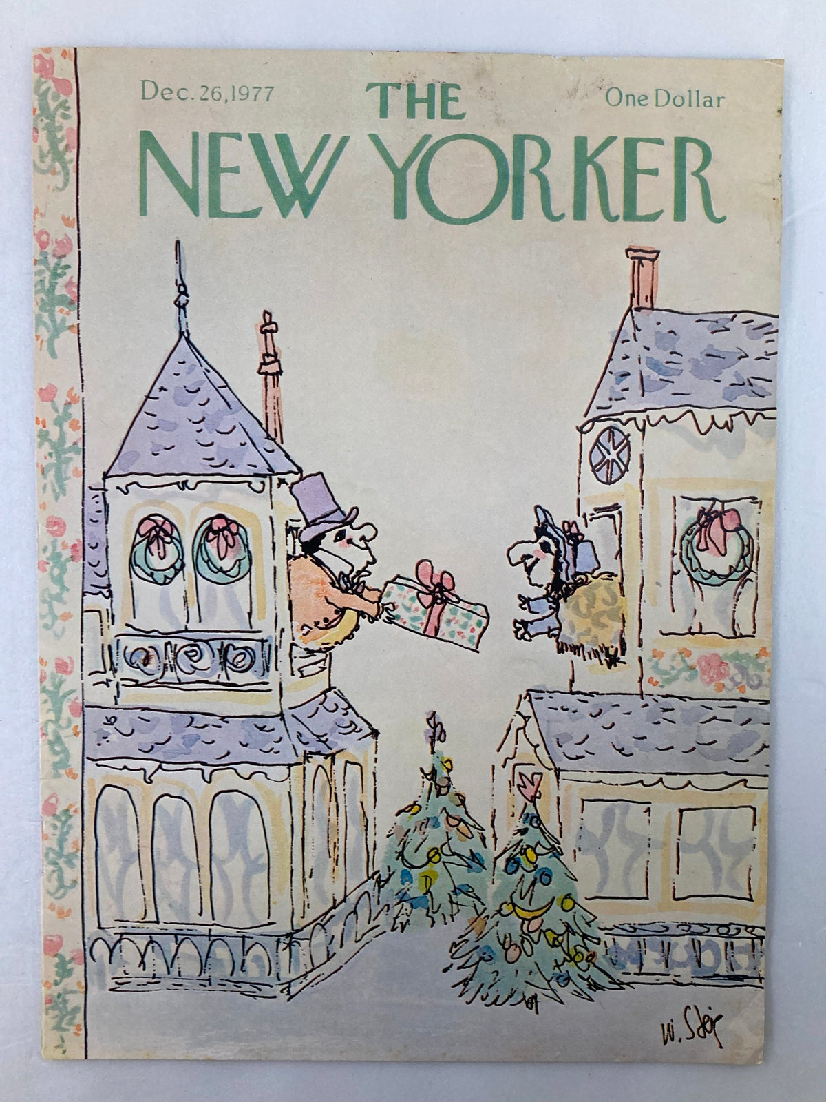 COVER ONLY The New Yorker December 26 1977 by William Steig, showcasing festive scene with characters and holiday-themed architecture, ideal for collectors.