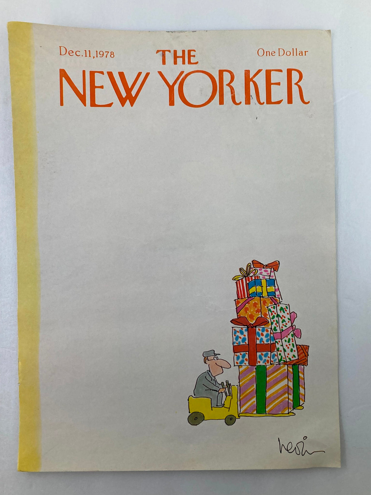 The New Yorker magazine cover for December 11, 1978, featuring an illustration by Heidi Goennel, showing a man in a yellow vehicle transporting a large stack of gift boxes.
