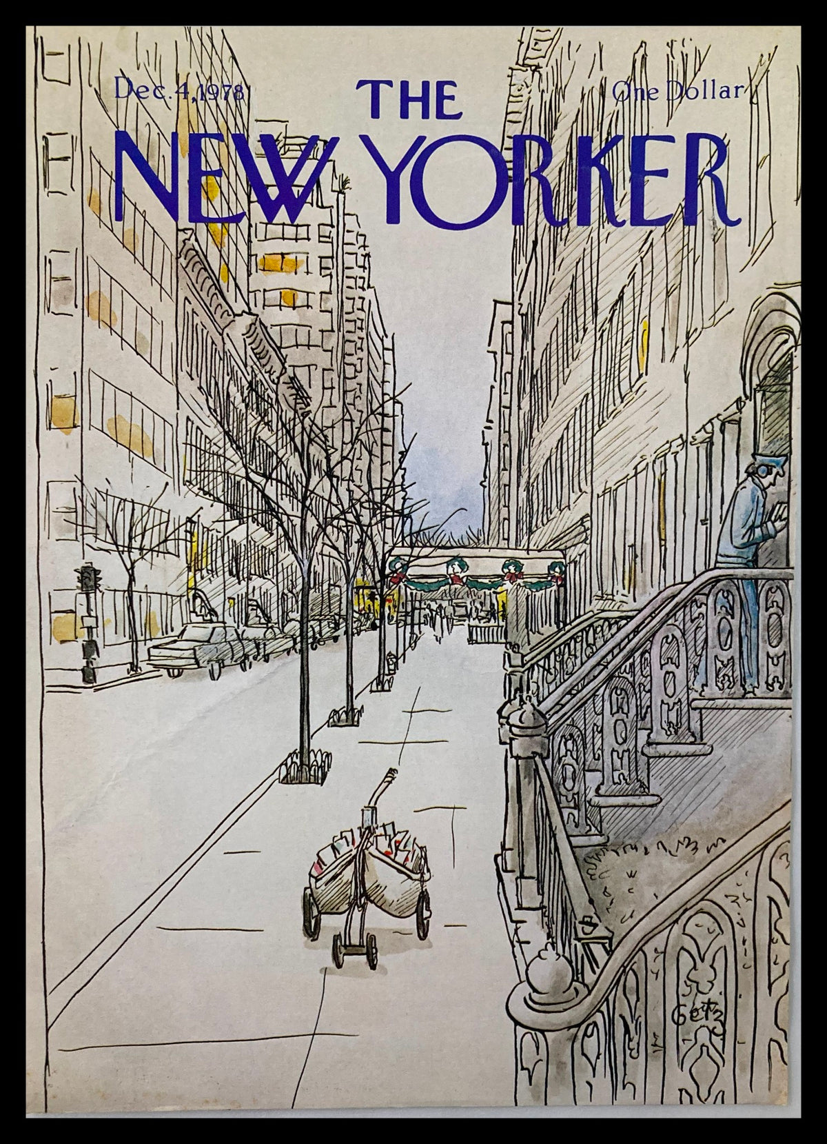 Cover of The New Yorker dated December 4, 1978, featuring artwork by Arthur Getz. The illustration depicts a serene street scene with trees lining the sidewalks, a mailman pushing a cart, and buildings showcasing the architectural charm of New York City in the late 70s.