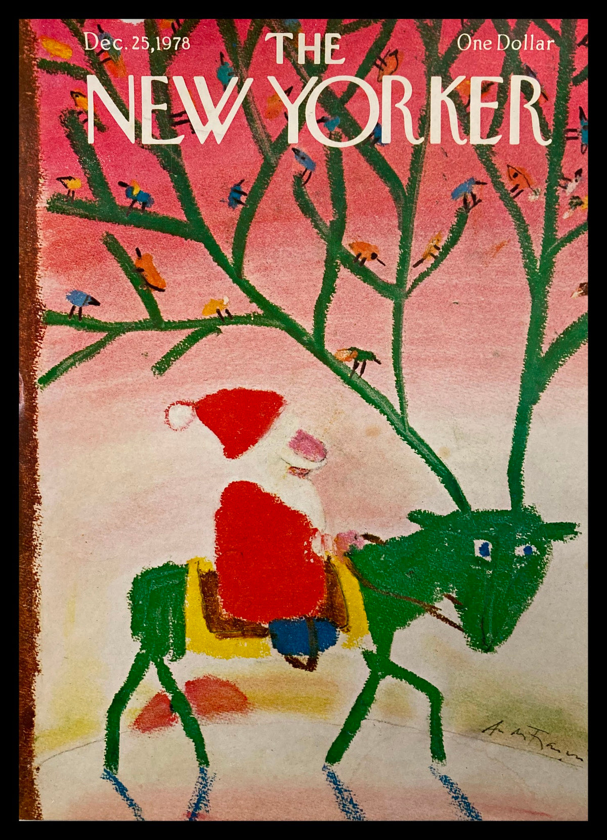 COVER ONLY The New Yorker December 25 1978 Santa Claus by A. Francois. Features Santa Claus riding a green reindeer against a whimsical pink background, showcasing vintage holiday artwork.