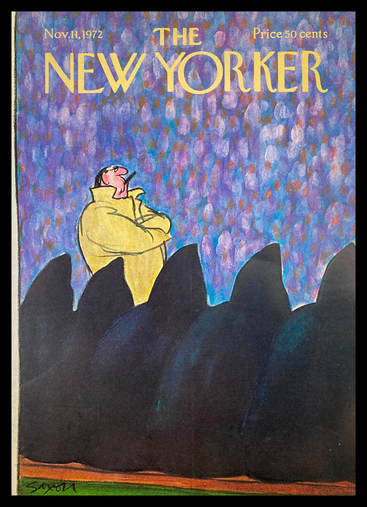 The New Yorker cover titled 'Big Boss' by Charles Saxon, featuring a figure in a yellow coat against a colorful background, dated November 11, 1972.