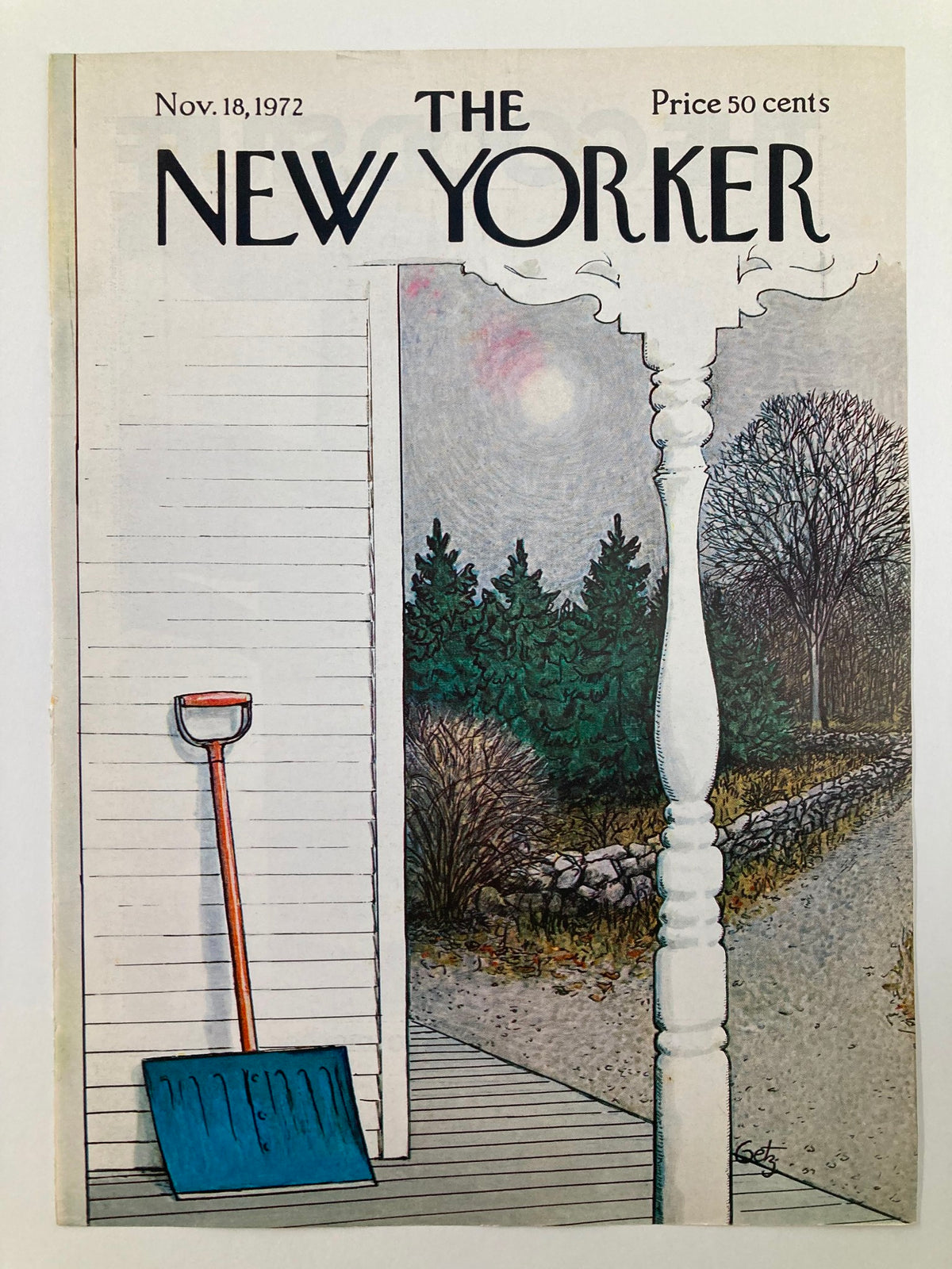 The New Yorker cover for November 18, 1972 titled 'Blue Shovel' by Arthur Getz, featuring a blue shovel leaning against a building with a wooded background.