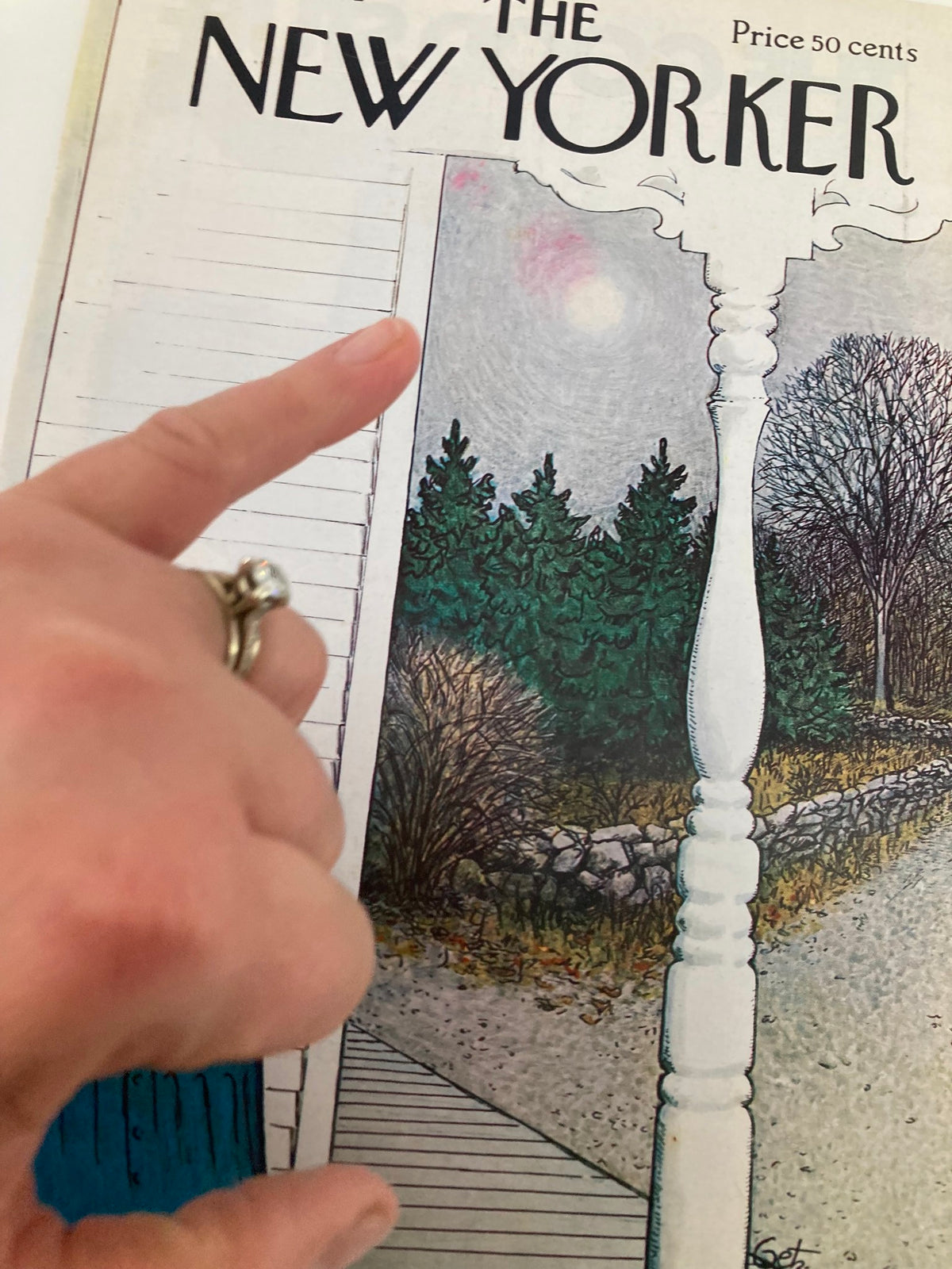 Close-up of The New Yorker cover from November 18, 1972 titled 'Blue Shovel' by Arthur Getz, highlighting the artwork with a finger pointing at it.