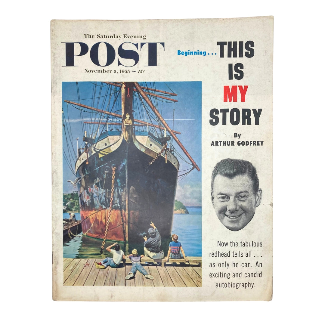 Cover of the Saturday Evening Post Magazine from November 5, 1955, featuring a ship illustration and a story titled 'This Is My Story' by Arthur Godfrey, showcasing the magazine's vintage design.