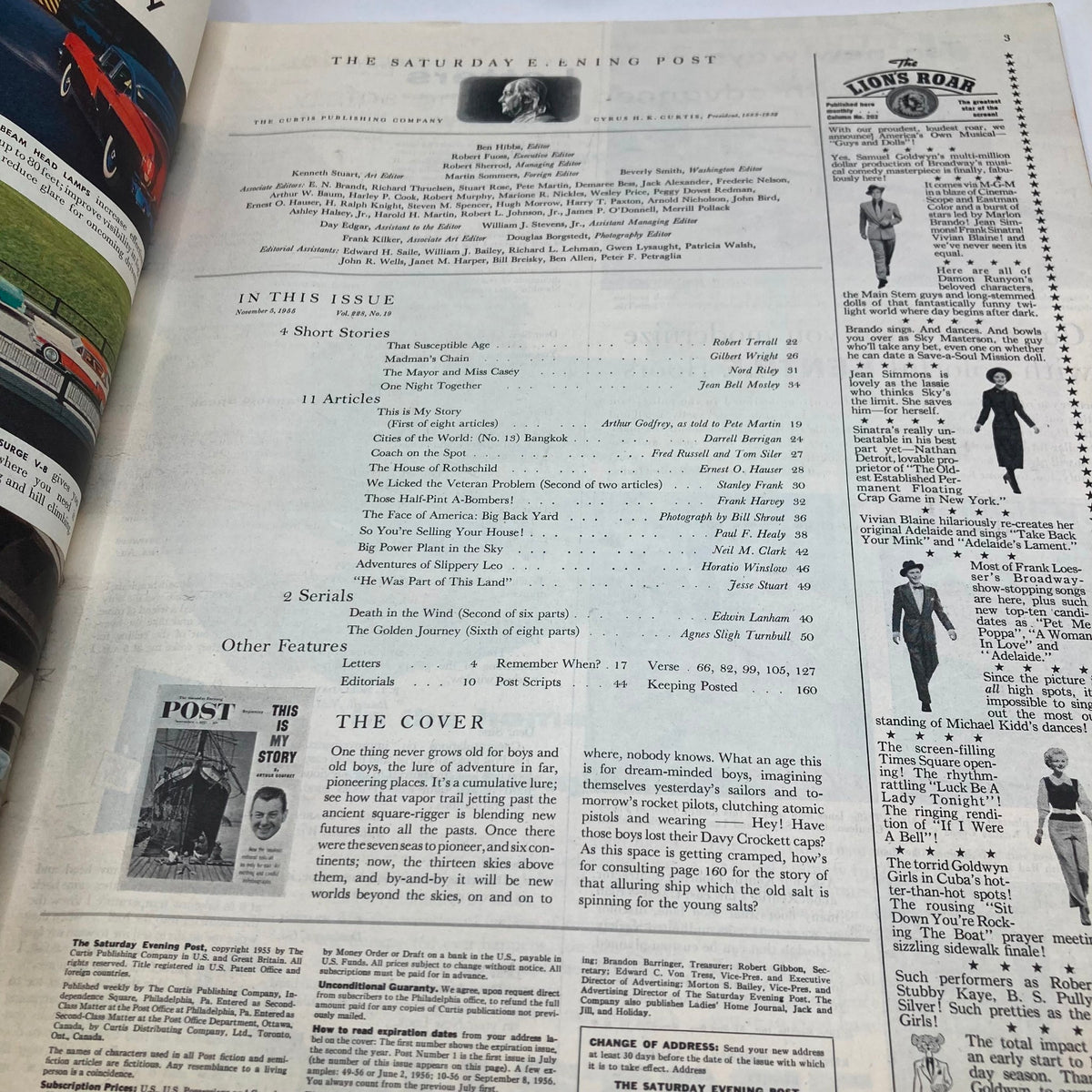 Inside page of Saturday Evening Post Magazine from November 5, 1955 featuring articles including the Arthur Godfrey story, showcasing the magazine's vintage design and notable contributors.