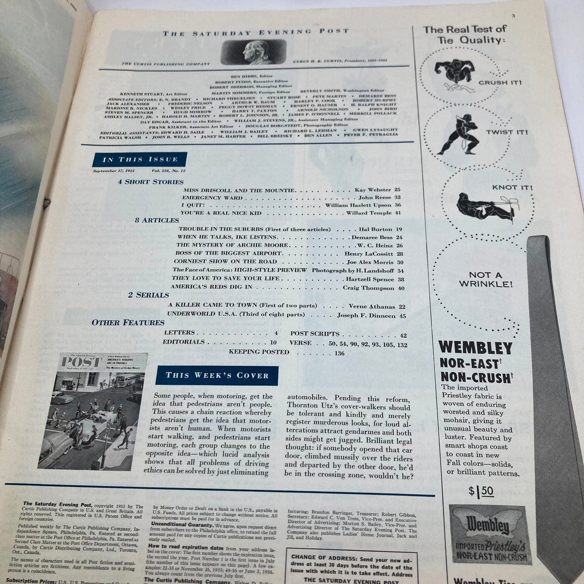 Inside page of the Saturday Evening Post Magazine from September 17, 1955, displaying the contents section and article highlights, emphasizing the magazine's nostalgic features and editorial layout.