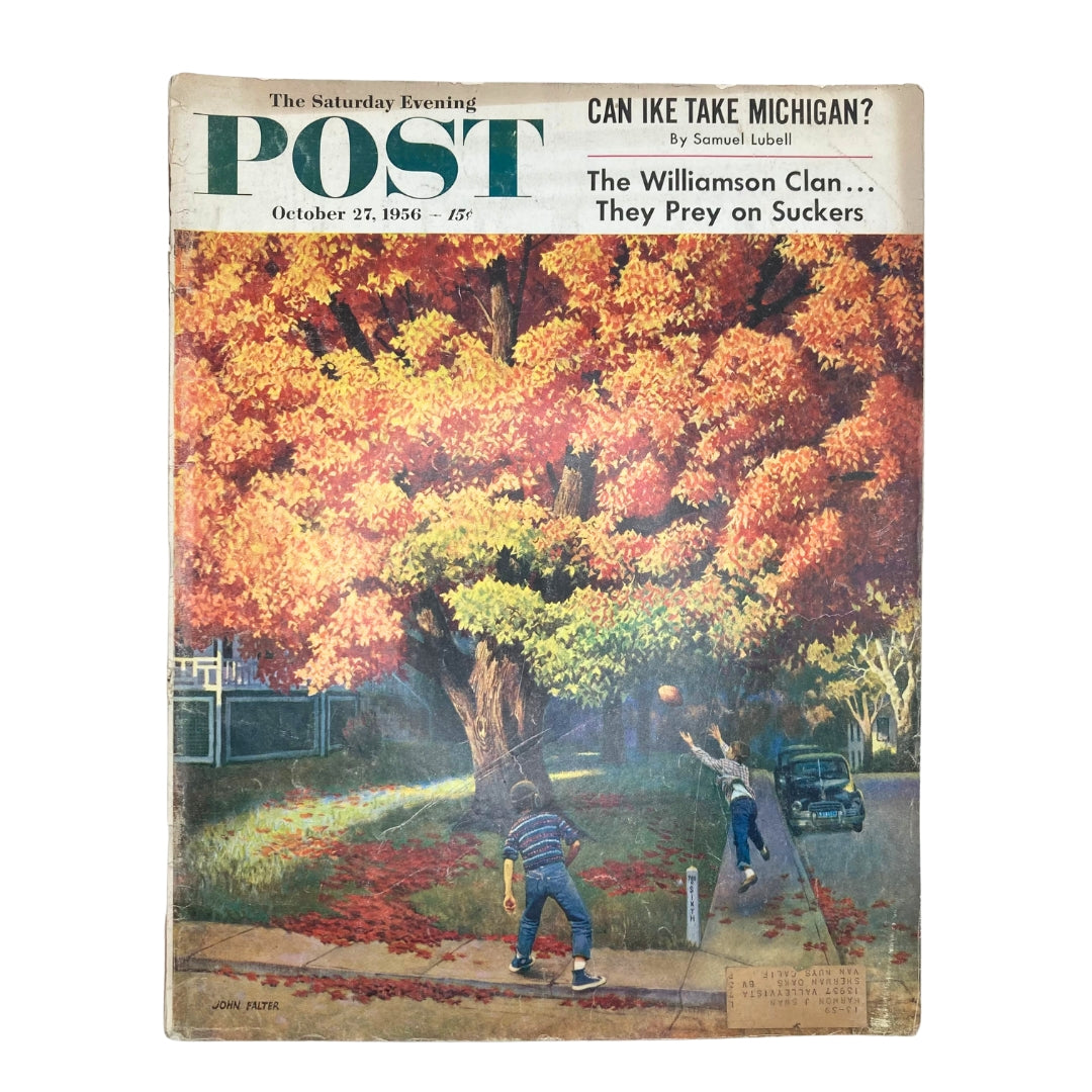 Cover of the Saturday Evening Post magazine dated October 27, 1956, featuring vibrant autumn artwork by John Falter, depicting children playing in fallen leaves under a colorful tree.