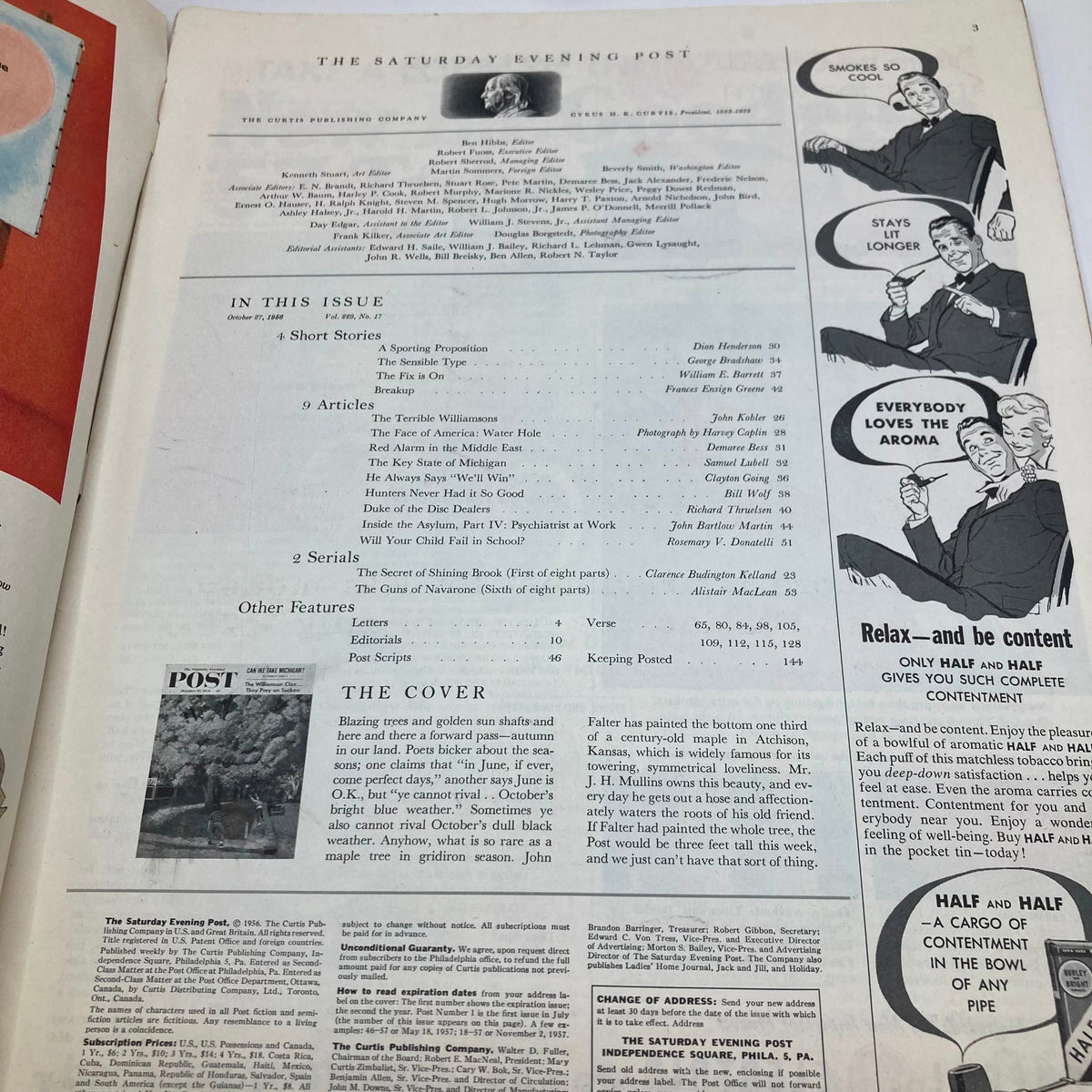 Inside page of the Saturday Evening Post magazine from October 27, 1956, showcasing the table of contents with featured articles and illustrations, including the cover story themed "Poets Bicker."