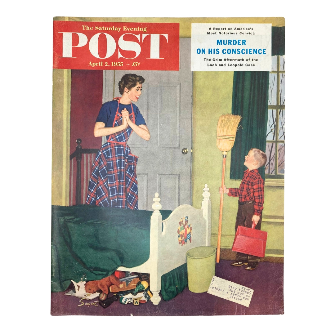 Cover of Saturday Evening Post Magazine, April 2, 1955, featuring a mother in a plaid dress reacting to her messy room as her young son holds a broom and a red toy suitcase, showcasing themes of family and nostalgia.
