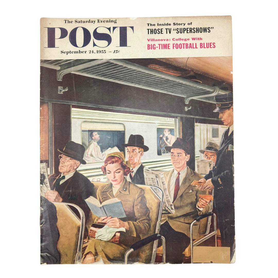 Cover of the Saturday Evening Post Magazine from September 24, 1955, titled 'The Commuters' by George Hughes, depicting a scene inside a bustling train with commuters engaged in their daily routines.