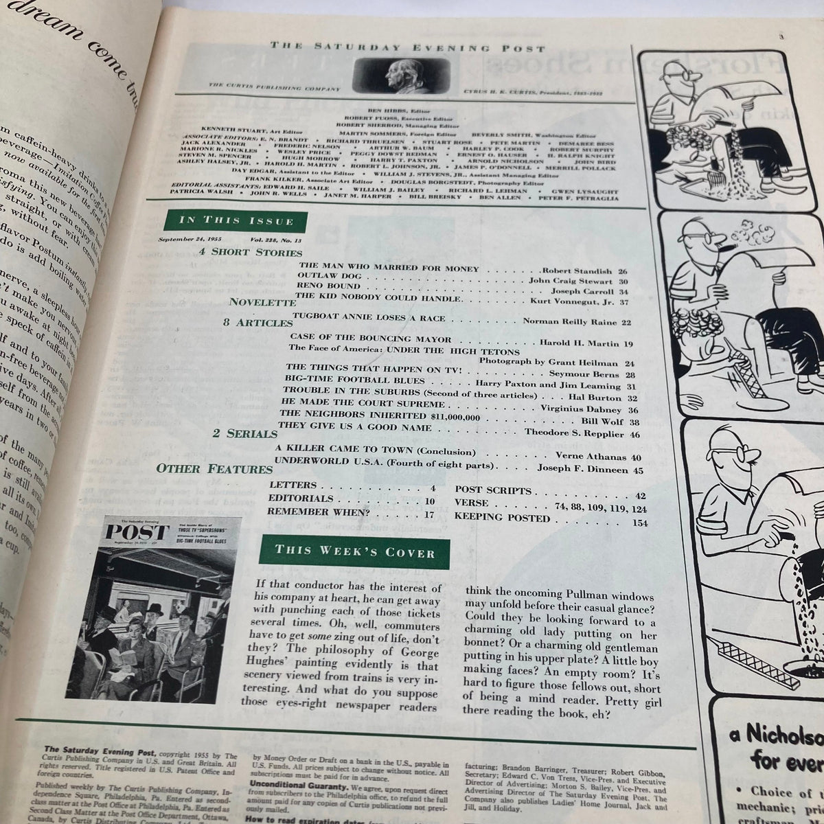 Interior page of the Saturday Evening Post Magazine, September 24, 1955, detailing articles and features, including a section about the cover story 'The Commuters' by George Hughes.