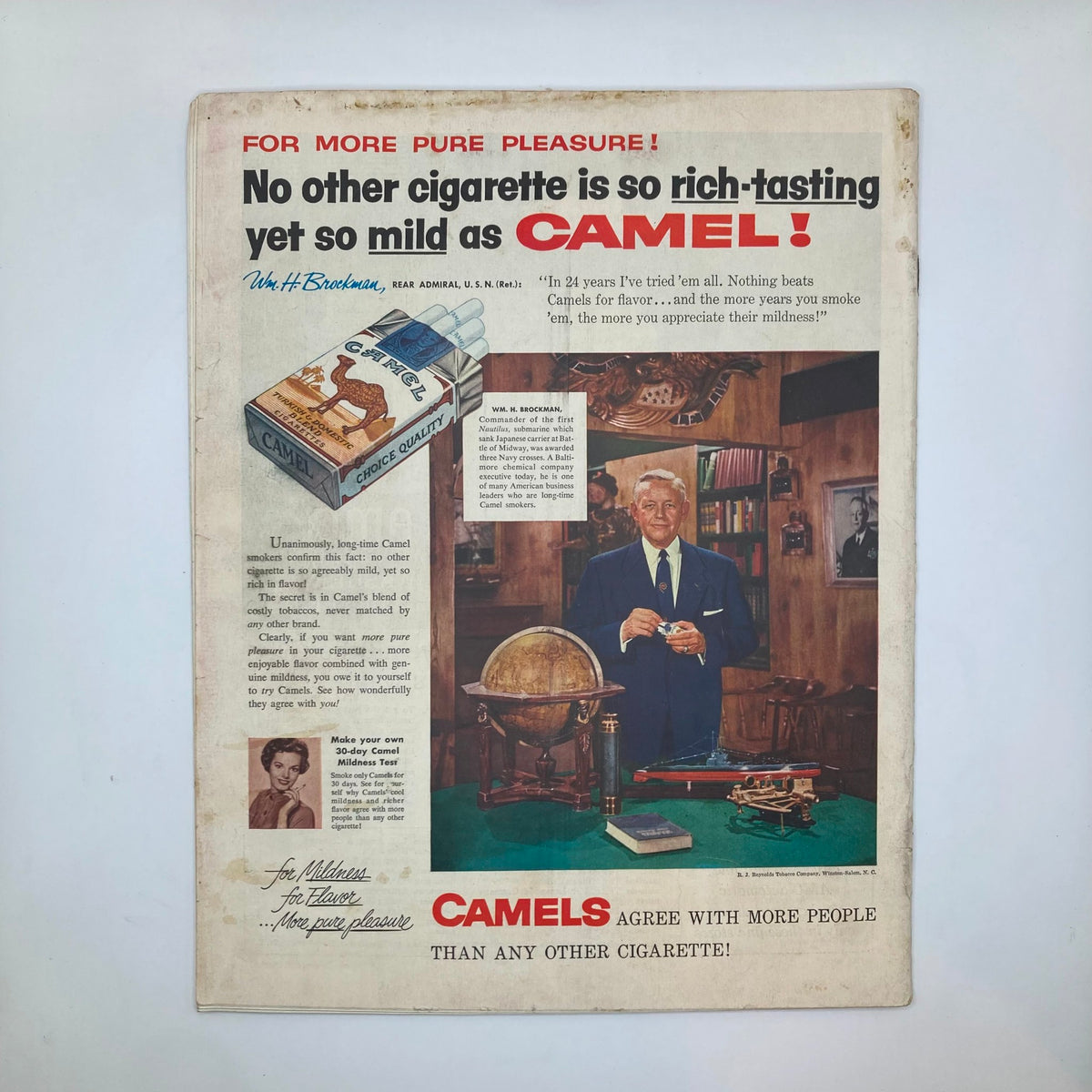 Back cover of Saturday Evening Post Magazine February 5, 1955 featuring an advertisement for Camel cigarettes, highlighting the product and a quote from Will H. Brookhart.