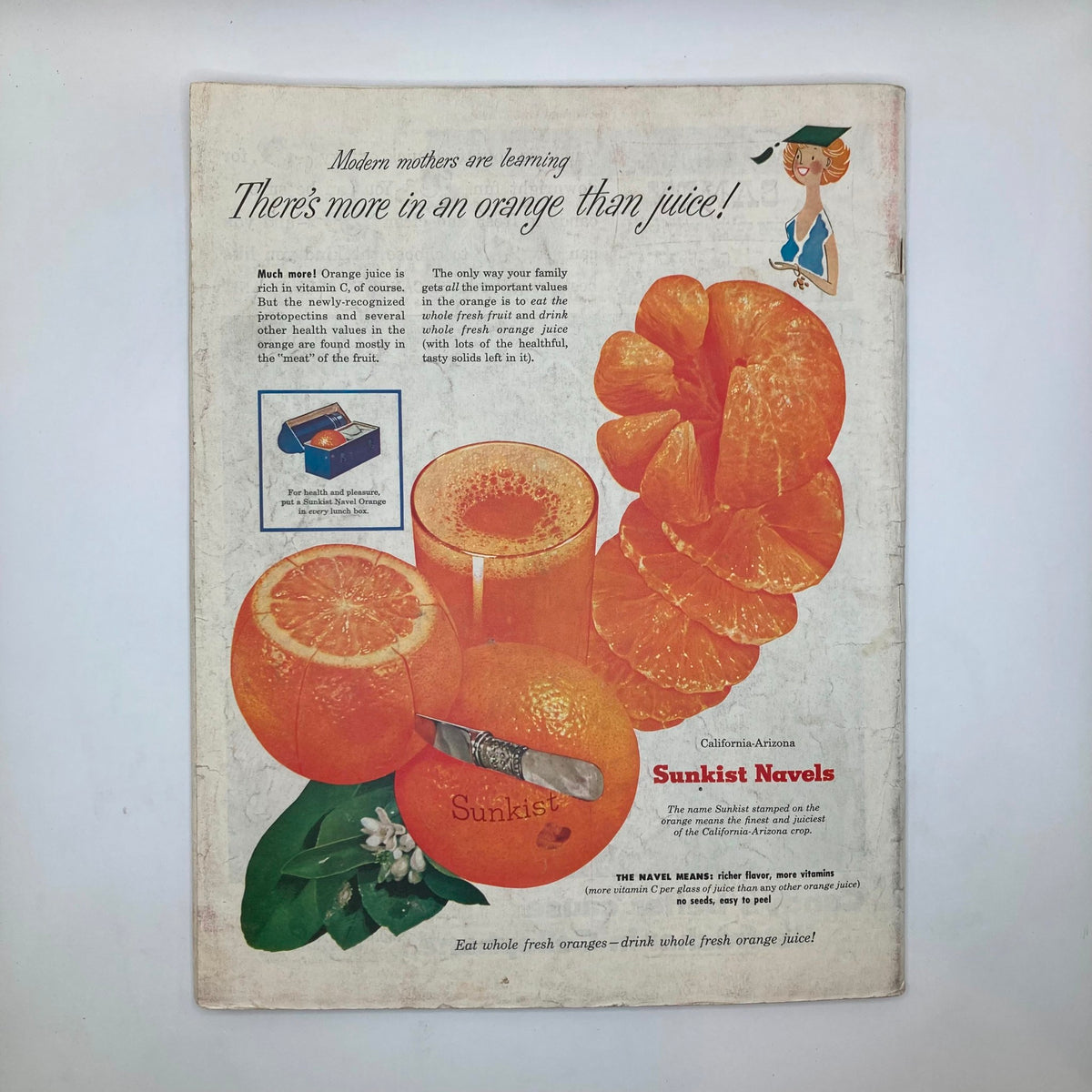 Back cover advertisement of the Saturday Evening Post Magazine dated April 9, 1955, featuring Sunkist oranges and promoting the benefits of consuming whole fruit.