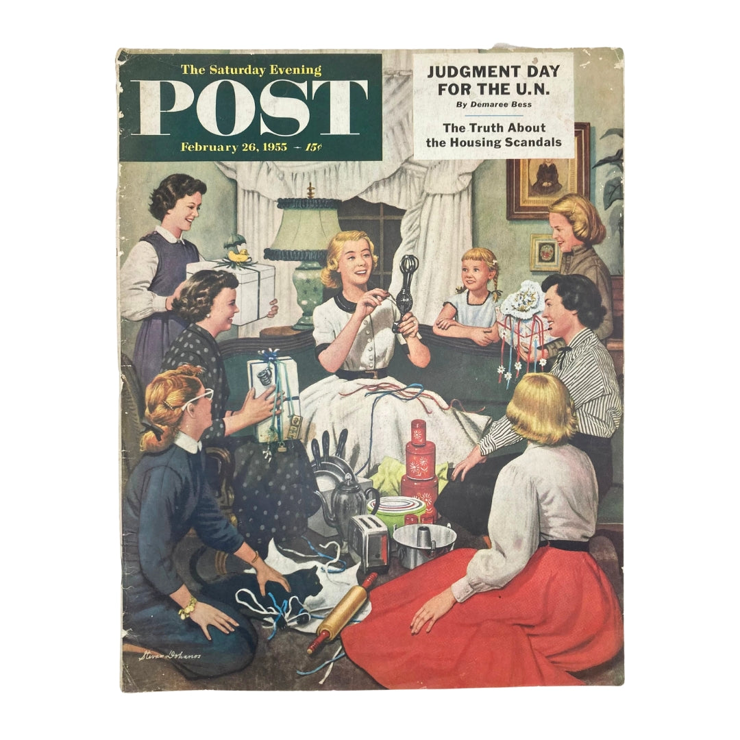 Cover of Saturday Evening Post Magazine February 26, 1955, featuring the artwork 'Egg Beater' by Dohanos, showcasing women engaged in a lively gathering.