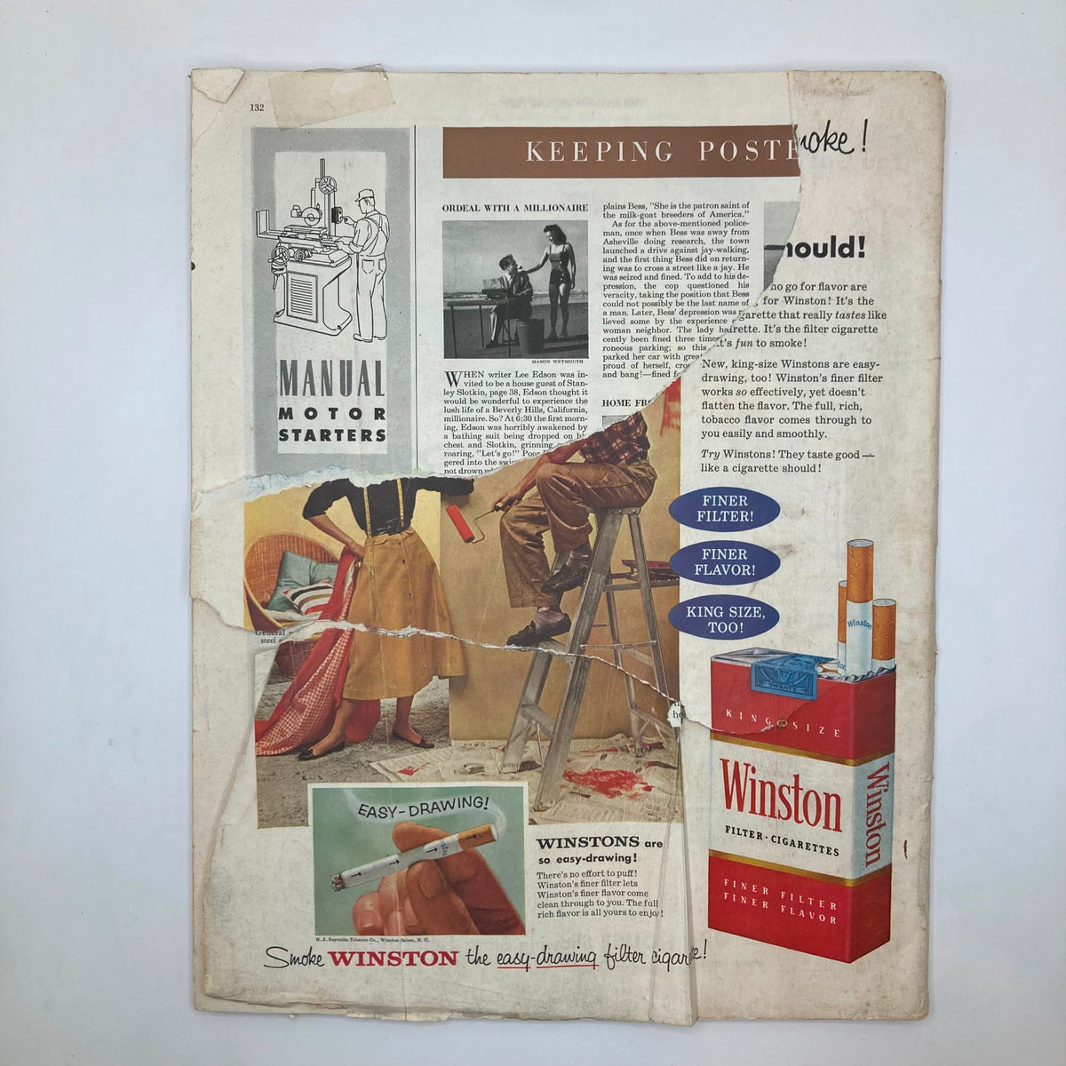 Back cover of the Saturday Evening Post Magazine February 26, 1955 showing an advertisement for Winston cigarettes along with a vintage illustration and text discussing the product.