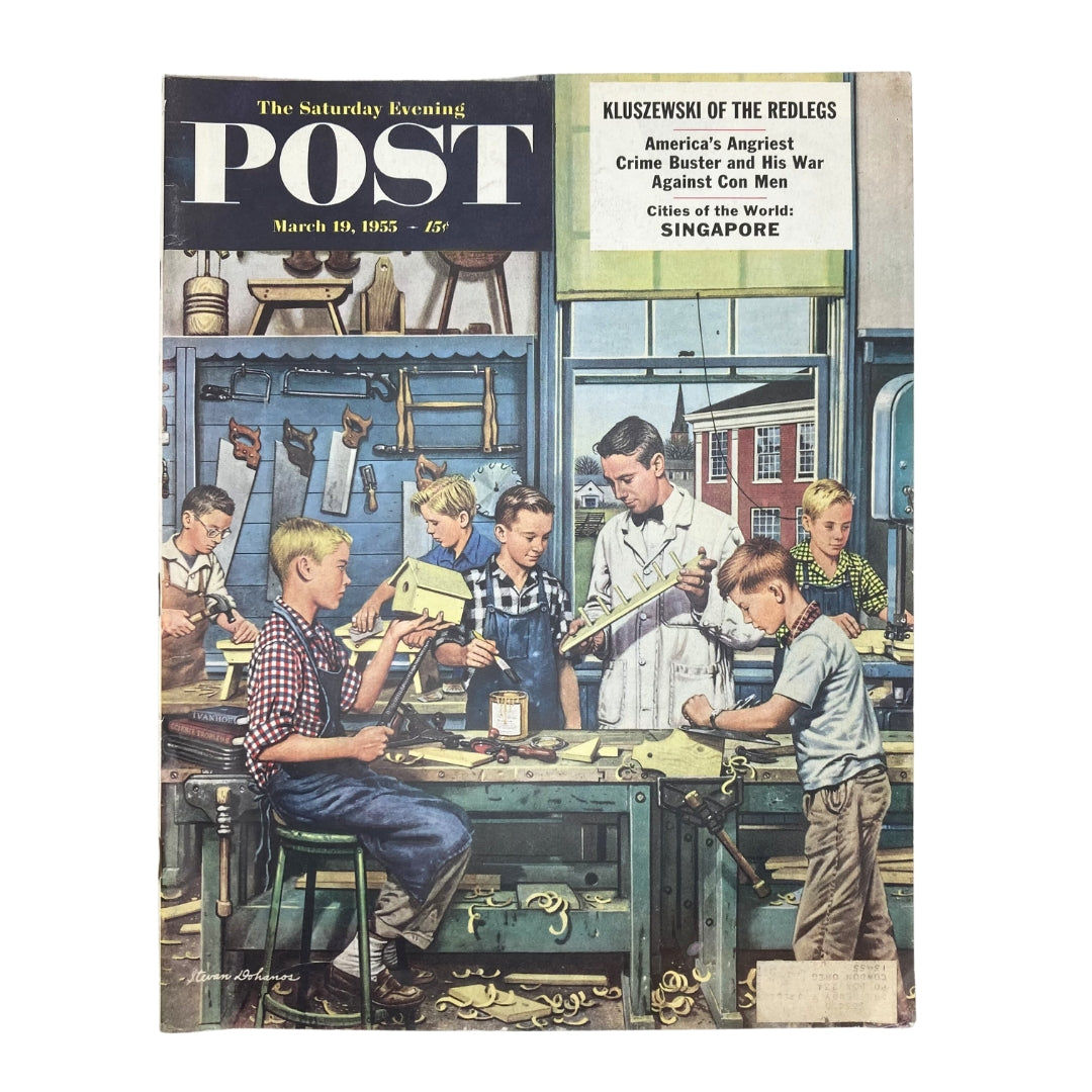 Cover of the Saturday Evening Post Magazine, March 19, 1955, featuring an illustration titled "Hobby Benches" by Stevan Dohanos, depicting children engaged in creative woodworking projects.