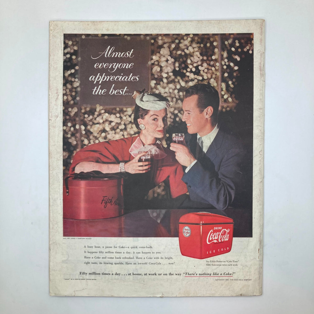 Vintage advertisement featuring a man and woman enjoying Coca-Cola, with the tagline 'Almost everyone appreciates the best...' in the context of the Saturday Evening Post Magazine March 19 1955.