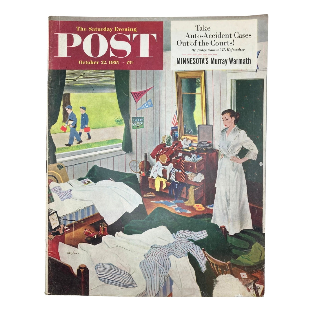 Cover of the Saturday Evening Post Magazine October 22 1955 featuring the illustration 'Tidy Room' by George Hughes, depicting a disorganized room with a woman in a robe reflecting on cleanliness.