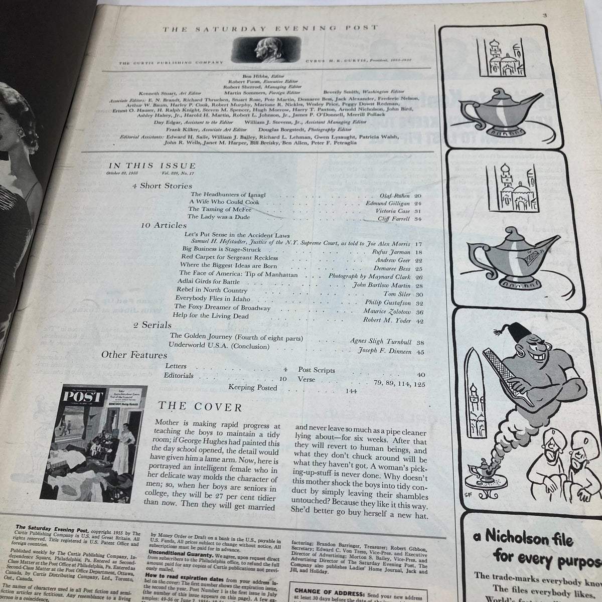 Interior page of the Saturday Evening Post Magazine October 22 1955, showcasing the contents list and a brief overview of the cover art 'Tidy Room' by George Hughes.