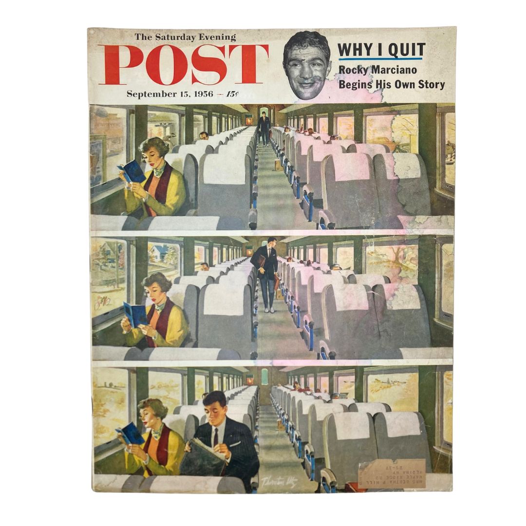 Cover of the Saturday Evening Post magazine from September 15, 1956 featuring the illustration titled 'Lucky Young Man' by Thornton Utz, depicting a train interior with passengers reading.