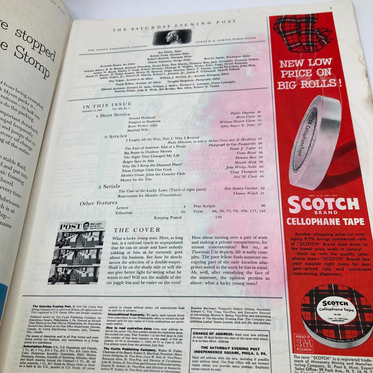 Inside page of the Saturday Evening Post Magazine, September 15, 1956, featuring articles and illustrations, including a segment titled 'The Cover' discussing the cover art 'Lucky Young Man' by Thornton Utz.