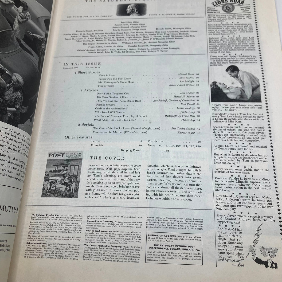 Inside page of the Saturday Evening Post Magazine September 8, 1956, displaying the contents and features of the issue, including articles and stories relevant to the era.