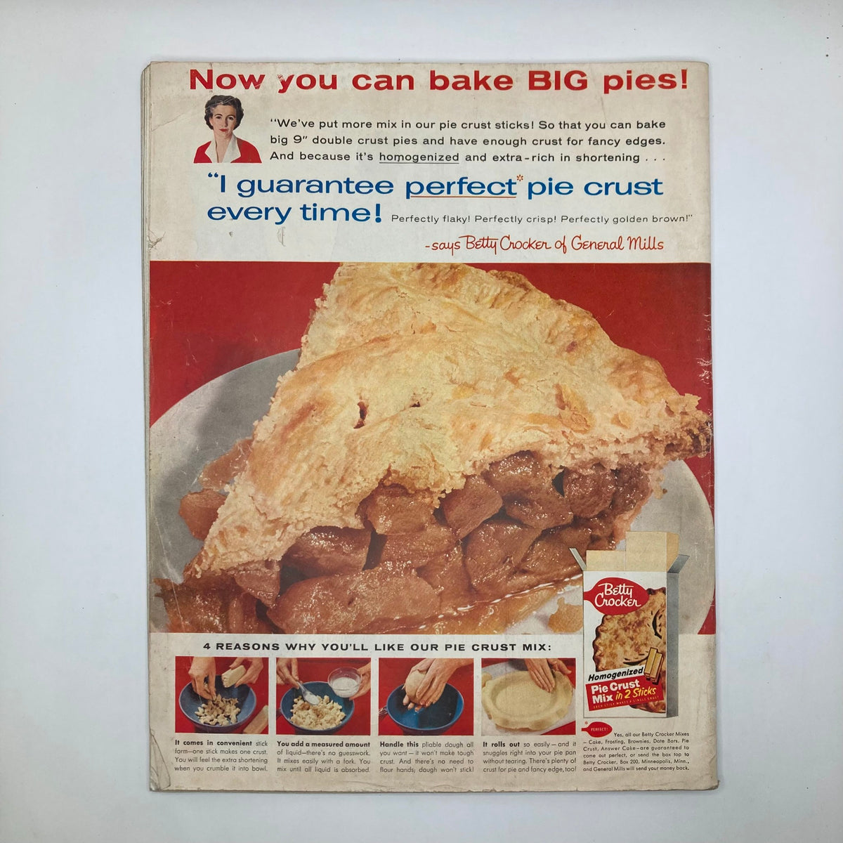 Back cover of the Saturday Evening Post Magazine September 8, 1956 advertising Betty Crocker's Pie Crust Mix, featuring an image of an appetizing pie and a promotional message.