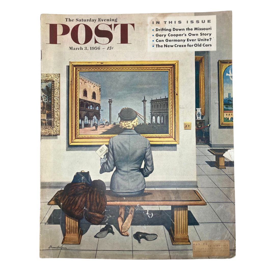 Saturday Evening Post Magazine March 3 1956 cover art by Stevan Dohanos, featuring a woman admiring artwork in an art museum with detailed paintings on display.