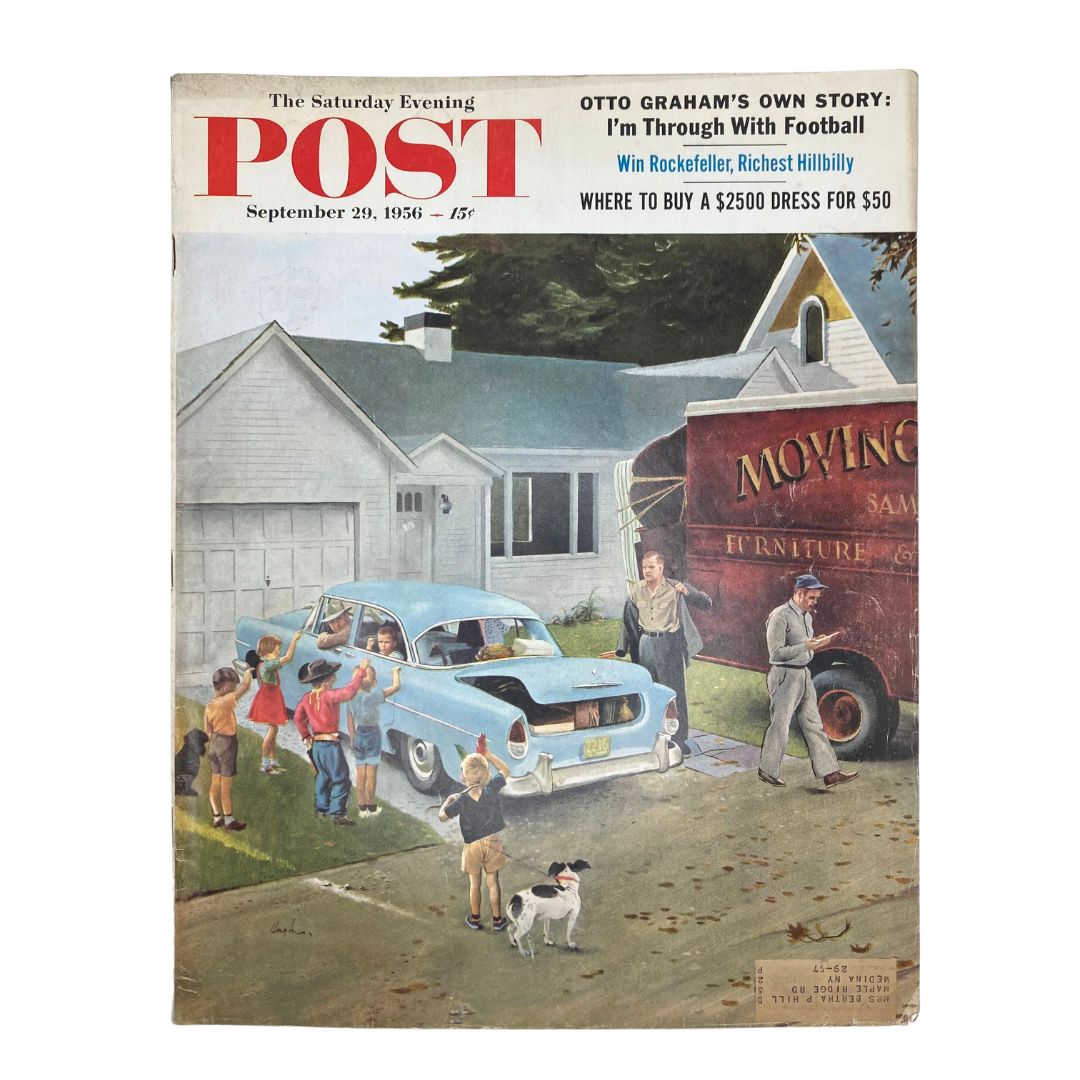 Cover of Saturday Evening Post Magazine dated September 29, 1956, featuring the story 'Good-by For Keeps' by Hughes, with an illustration of children waving goodbye near a moving truck and vintage car.