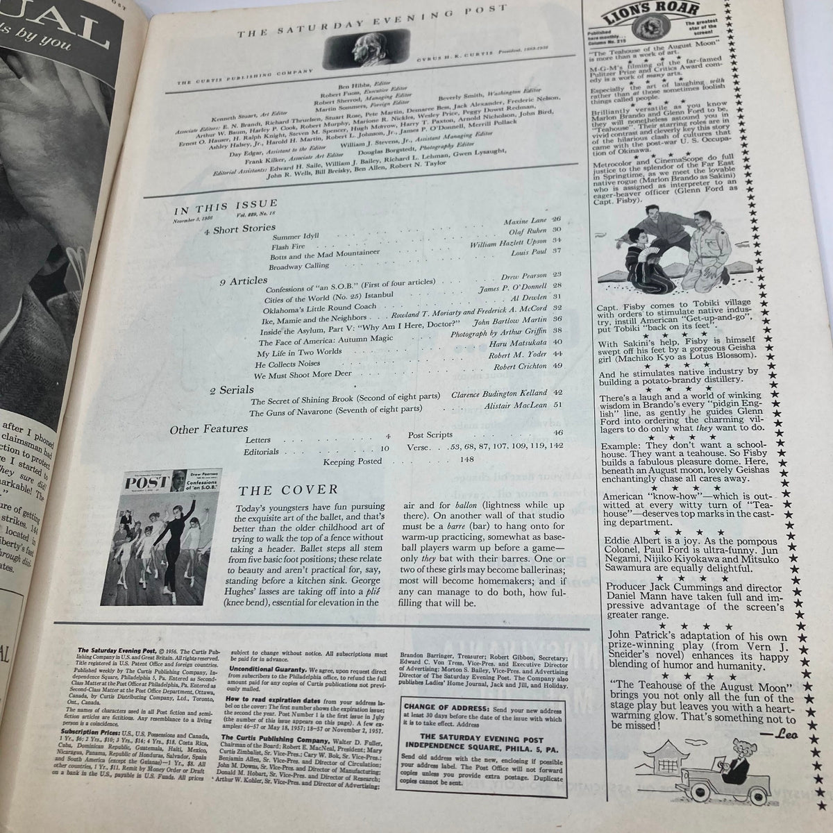 Interior page of the Saturday Evening Post Magazine November 3 1956, displaying the table of contents and articles including 'Confessions of an S.O.B.'