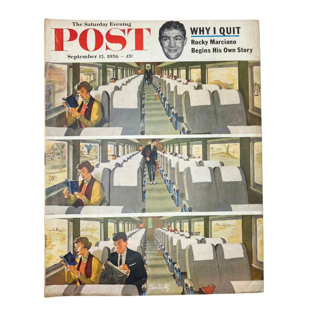 Cover of the Saturday Evening Post Magazine September 15, 1956, featuring a vintage illustration of passengers in a Railroad Coach setting, showcasing mid-20th century American life.
