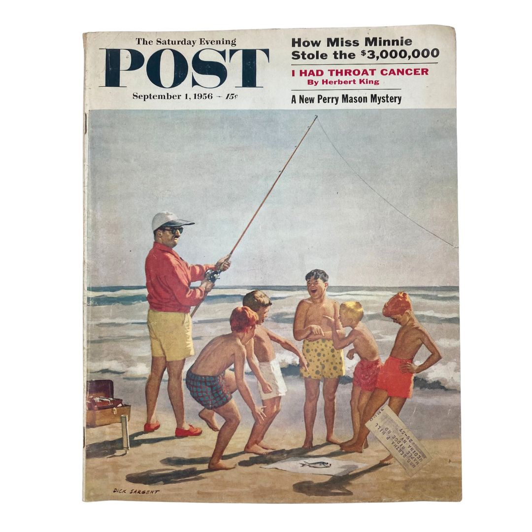 Cover of Saturday Evening Post Magazine from September 1, 1956 featuring colorful illustration of children playing at the beach with a fishing scene by artist Dick Sargent.