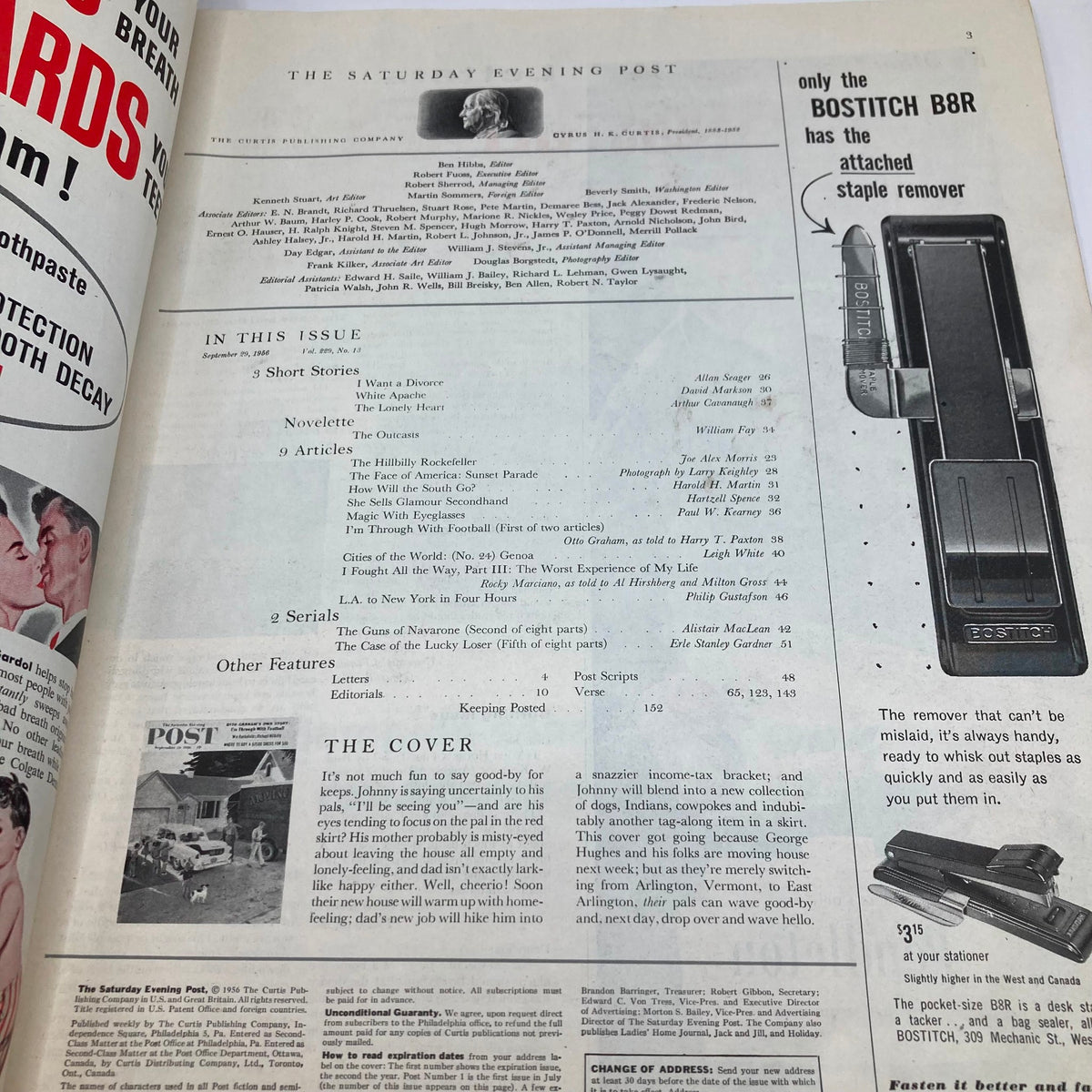 Interior page of Saturday Evening Post Magazine, September 29, 1956, displaying the magazine's contents and features of that issue, including articles and stories.