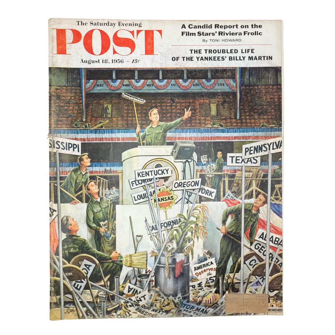 Cover of Saturday Evening Post Magazine August 18, 1956 featuring the artwork 'Voice from Rostrum' by Alajalov, depicting a lively scene with soldiers and signs from various states.