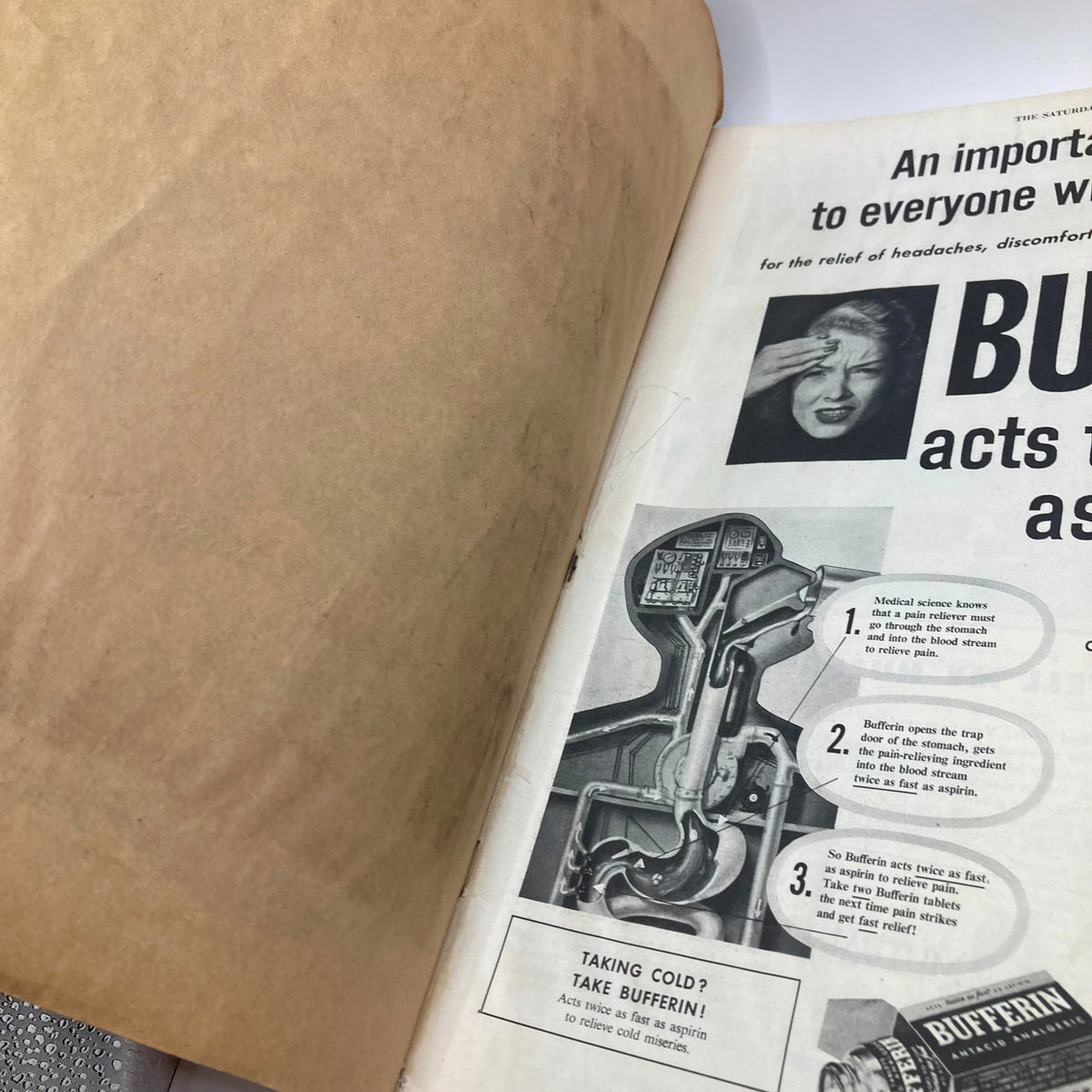 Inside page of Saturday Evening Post Magazine April 24 1954 featuring an advertisement for Bufferin pain relief, depicting a distressed woman and a detailed diagram.