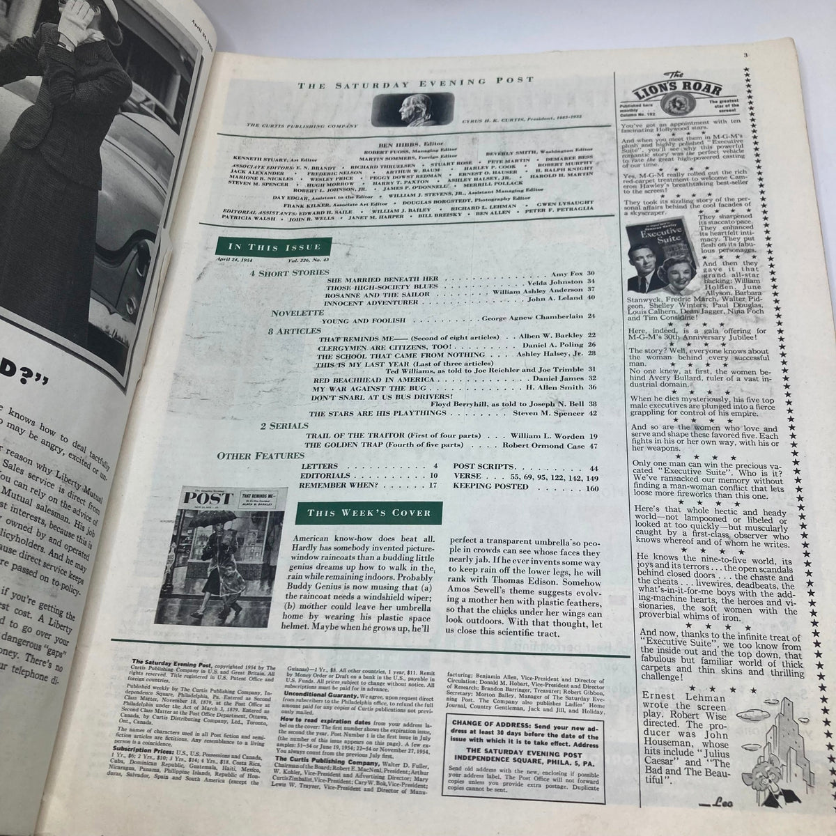 Table of contents page from Saturday Evening Post Magazine April 24 1954, highlighting featured articles and editorials.