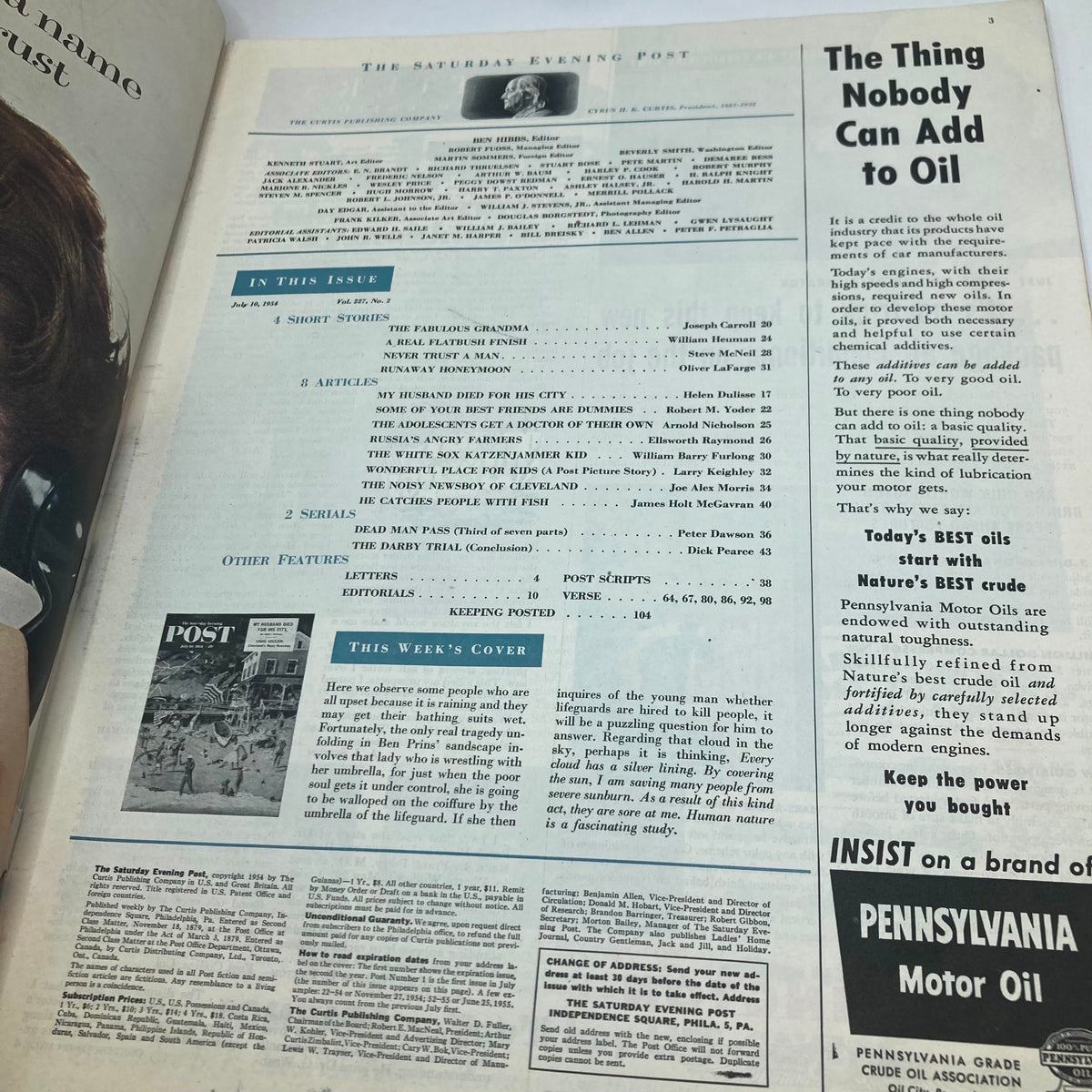 Inside page of the Saturday Evening Post Magazine from July 10, 1954, featuring articles and features, including the cover 'Sandscape Involve' by Ben Prin.