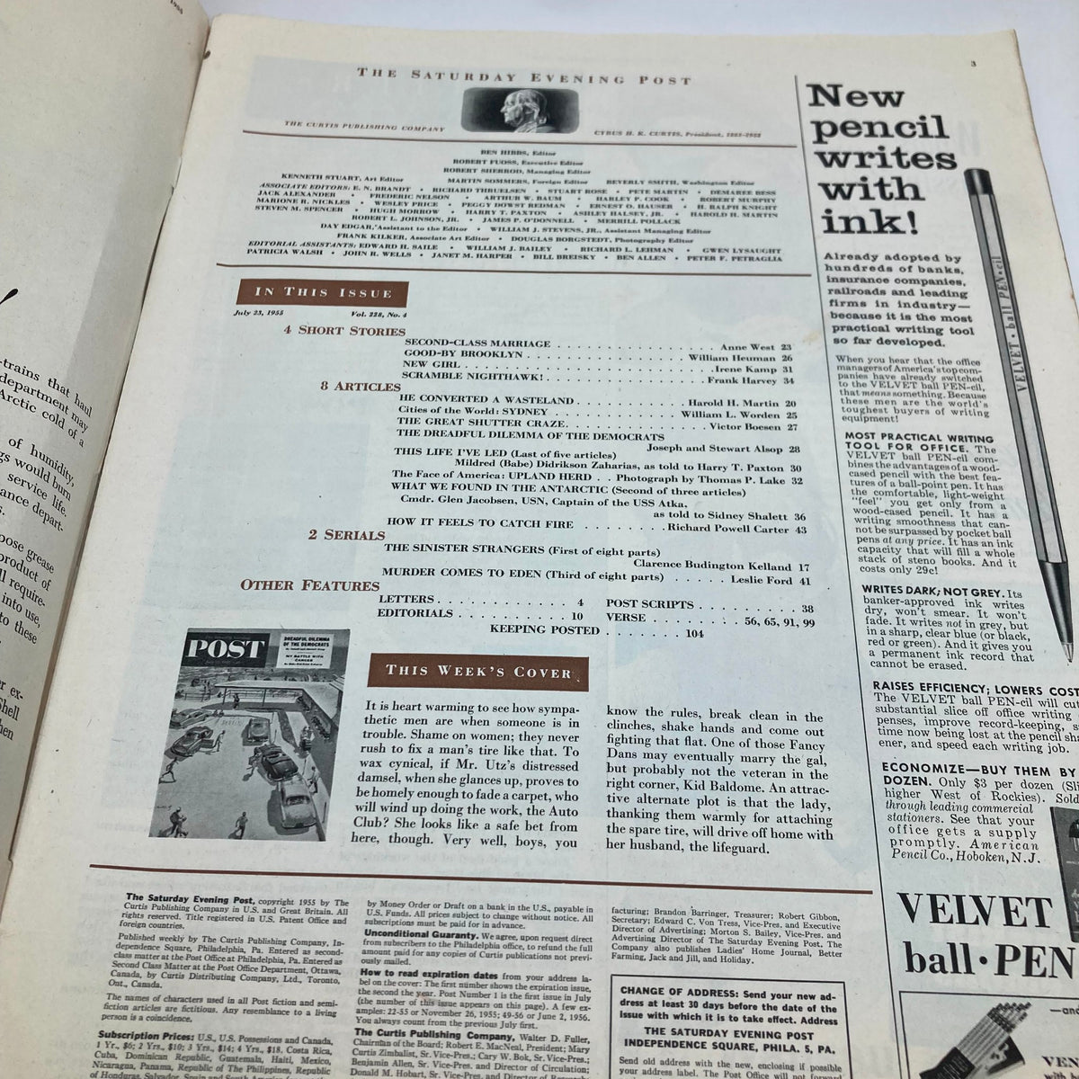 Interior page of Saturday Evening Post Magazine July 23 1955, showcasing the table of contents and highlighting featured articles and cover design by Thornton Utz.