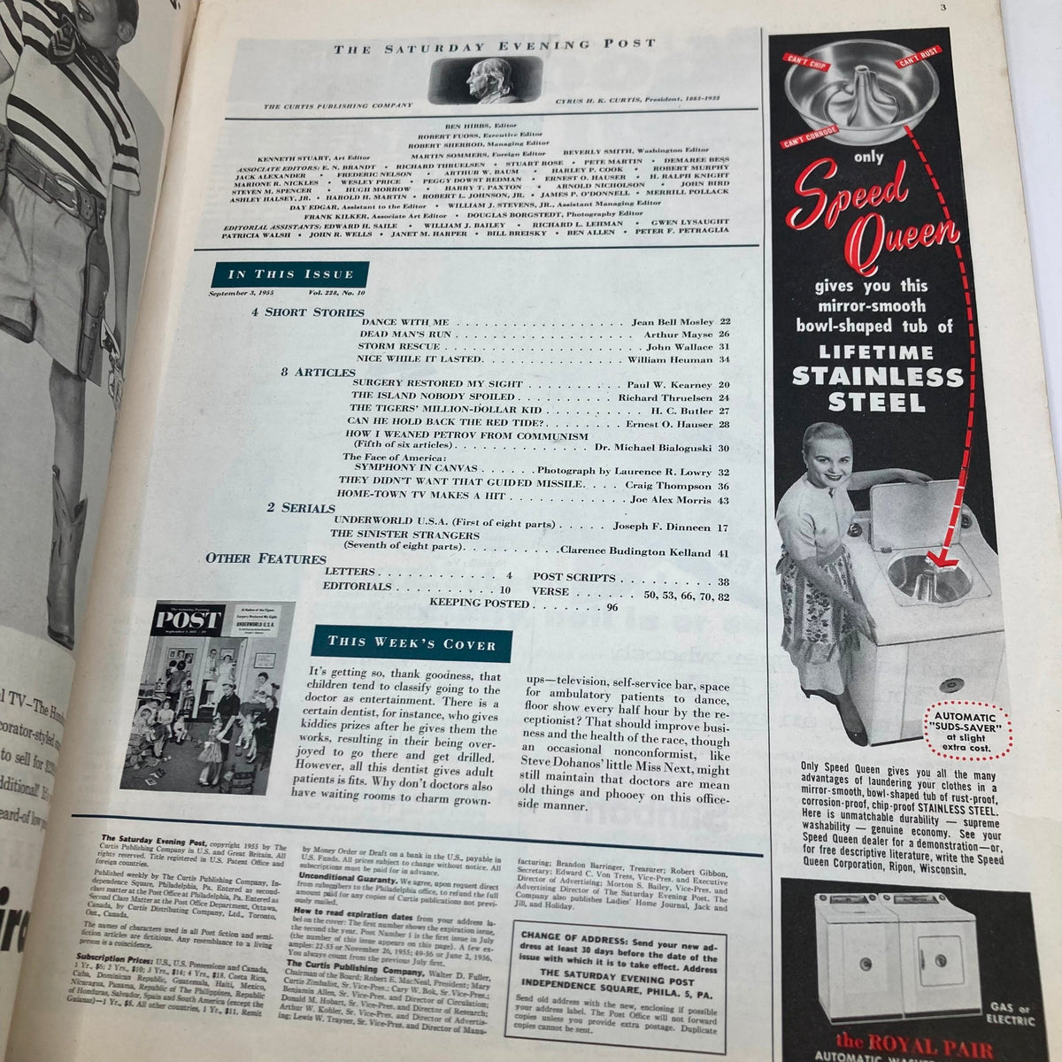 Inside page of the Saturday Evening Post Magazine September 3 1955 The Dentist - Dohanos, featuring articles and advertisements reflecting 1950s culture.