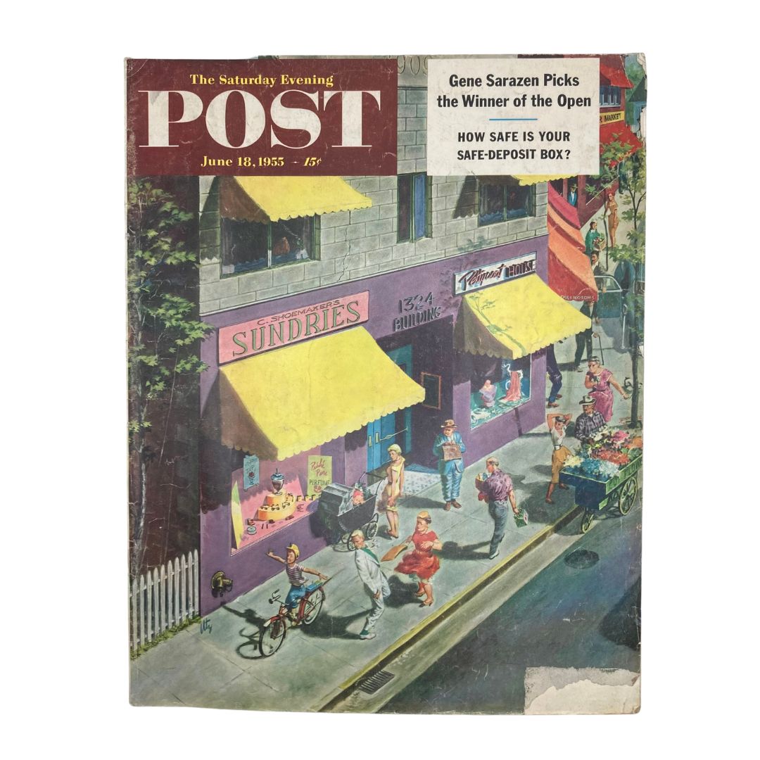 Cover of the Saturday Evening Post magazine from June 18, 1955, featuring a colorful street scene with pedestrians and storefronts, including a shop titled 'Sundries'.