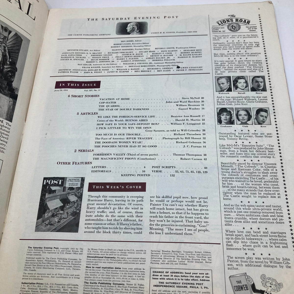 Inside page of the Saturday Evening Post magazine from June 18, 1955, displaying the table of contents and notable features of the issue.