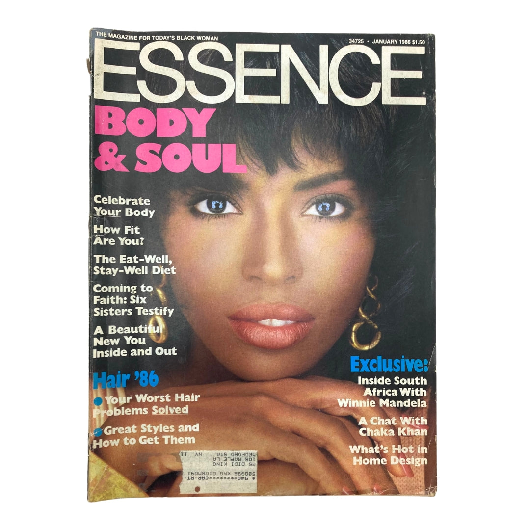Cover of VTG Essence Magazine January 1986 Vol 16 No 9 featuring Danielle Wong-Stephenson, emphasizing themes of beauty and empowerment with the title 'Body & Soul.' The cover showcases fashion trends and articles relevant to the cultural dynamics of the 1980s.