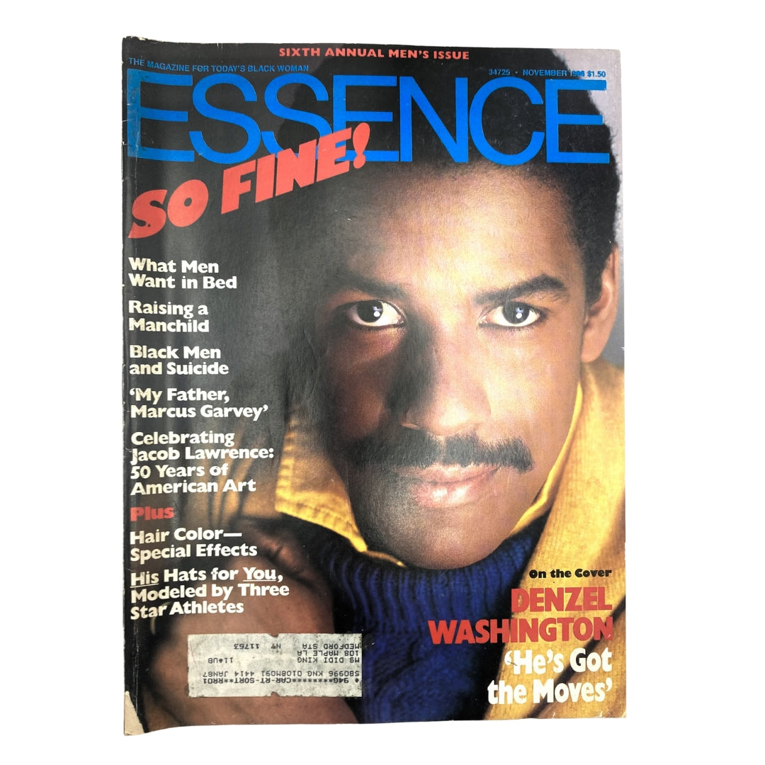 Cover of VTG Essence Magazine November 1986 featuring Denzel Washington, showcasing topics on Black culture and media representation.