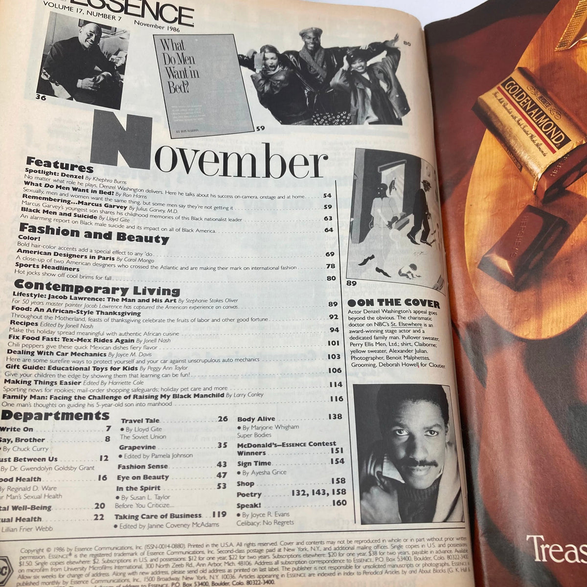 Table of contents page from VTG Essence Magazine November 1986, detailing features and articles including Denzel Washington.
