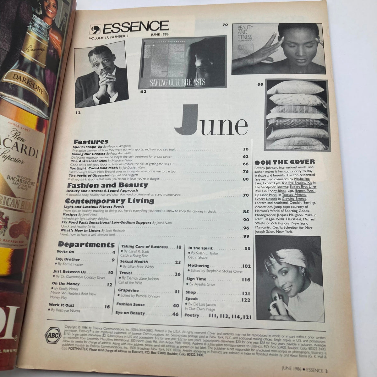 Inside page layout of the vintage Essence magazine from June 1986, featuring the table of contents for Volume 17, Number 2, highlighting the features, fashion, beauty, and contemporary living articles.