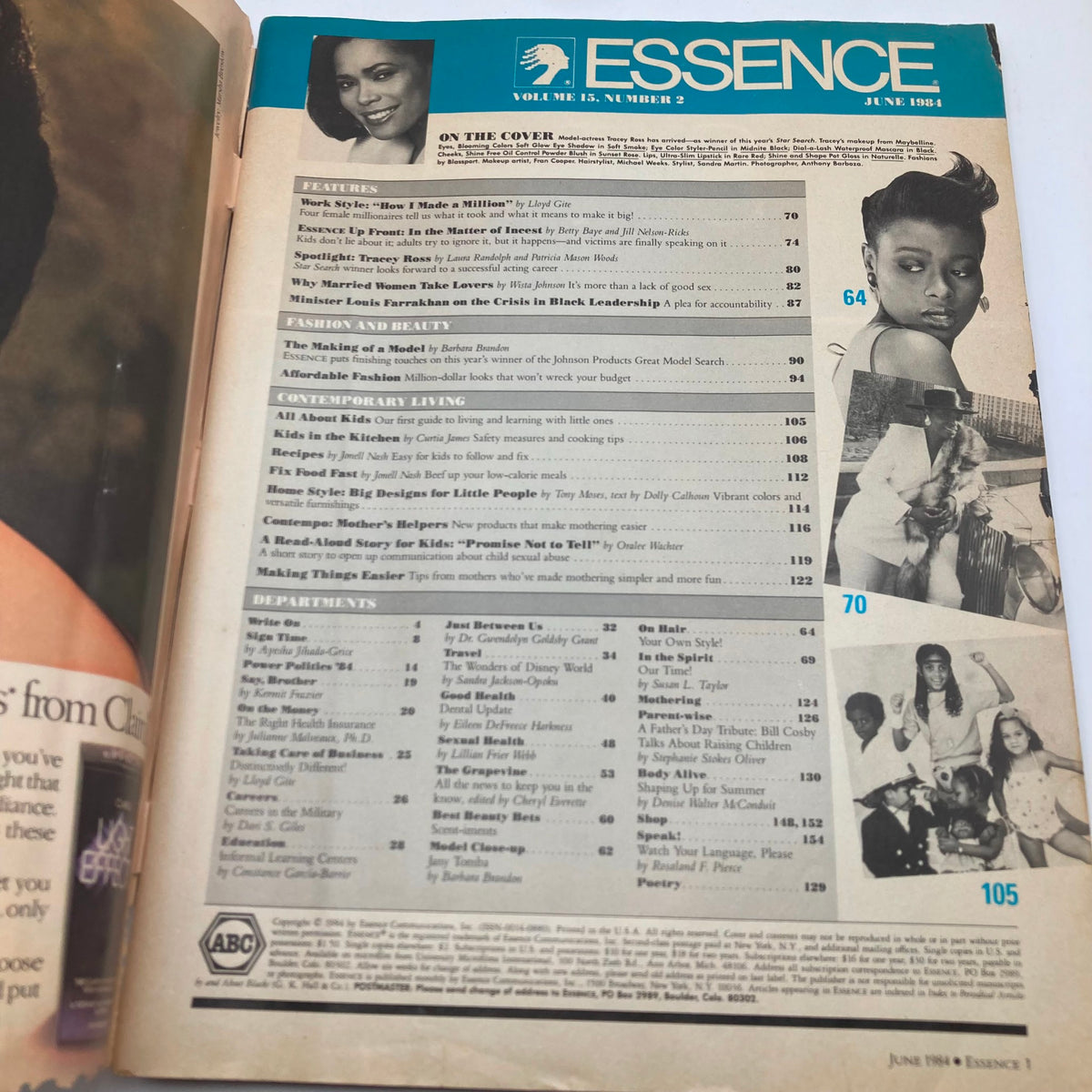 Inside spread of Essence Magazine June 1984, Volume 15 Number 2, highlighting features, articles, and topics relevant to African American culture.