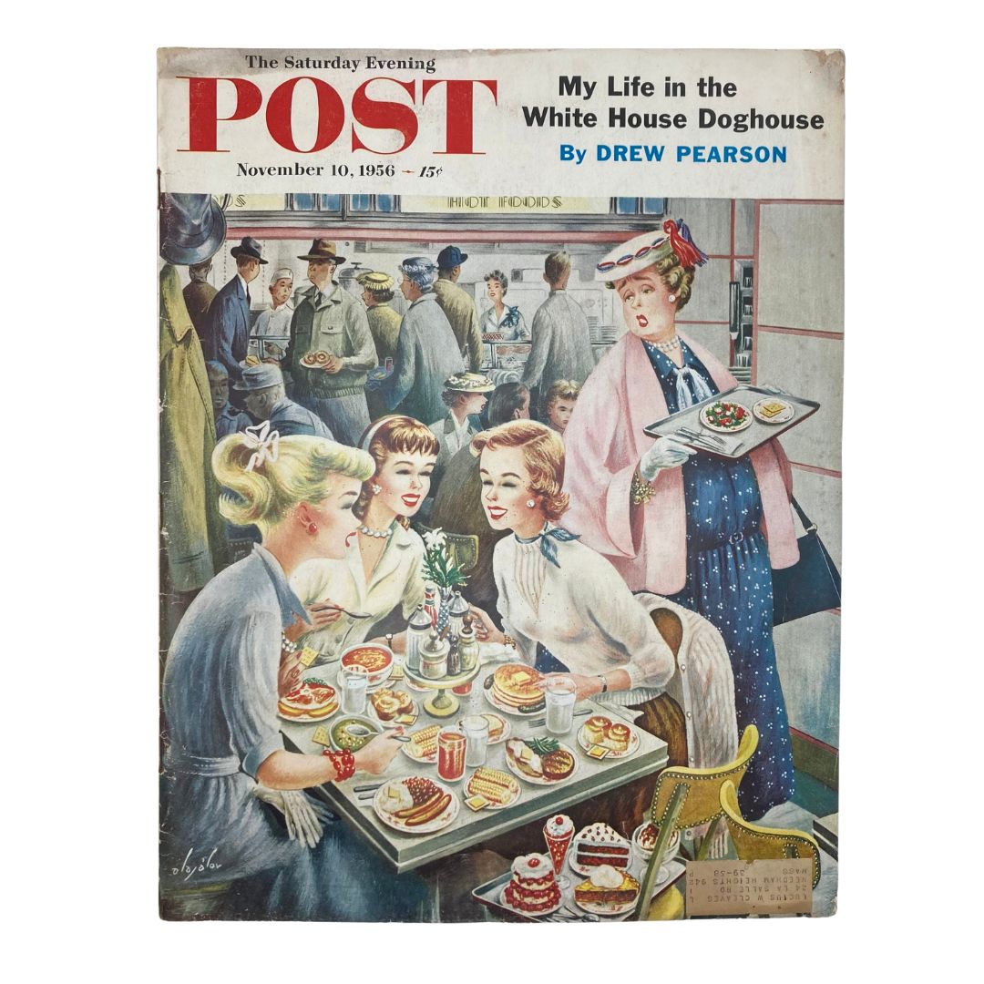 Cover of the Saturday Evening Post Magazine from November 10, 1956, featuring a colorful illustration titled 'Scanty Lunch' by Alajalov, depicting women enjoying a meal in a café.